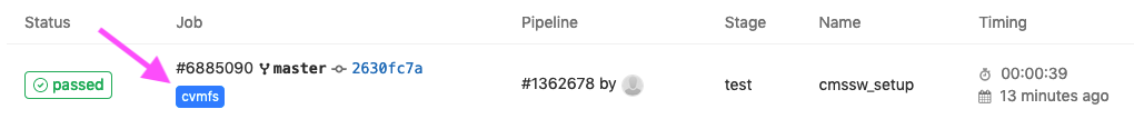 A job with a GitLab CVMFS Runner showing the cvmfs label