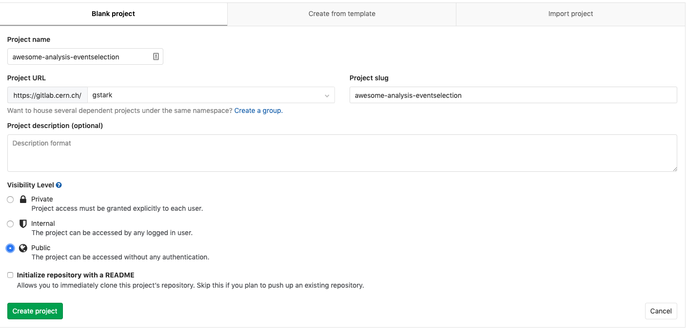example of a properly-filled-in blank project form for gitlab